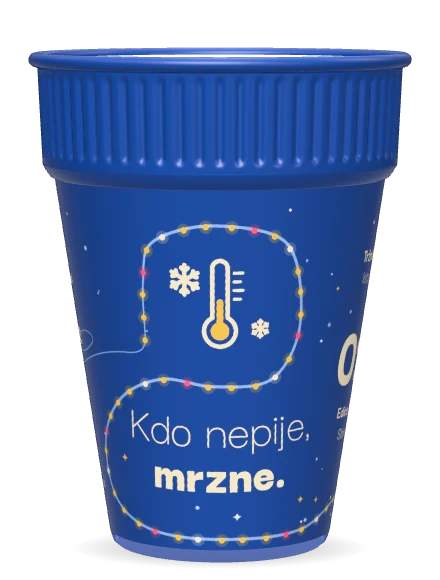 Tmavomodrý kelímek s teploměrem v rámečku ze světýlek
