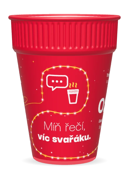 Červený kelímek „Míň řečí, víc svařáku“ z edice pro dospělé